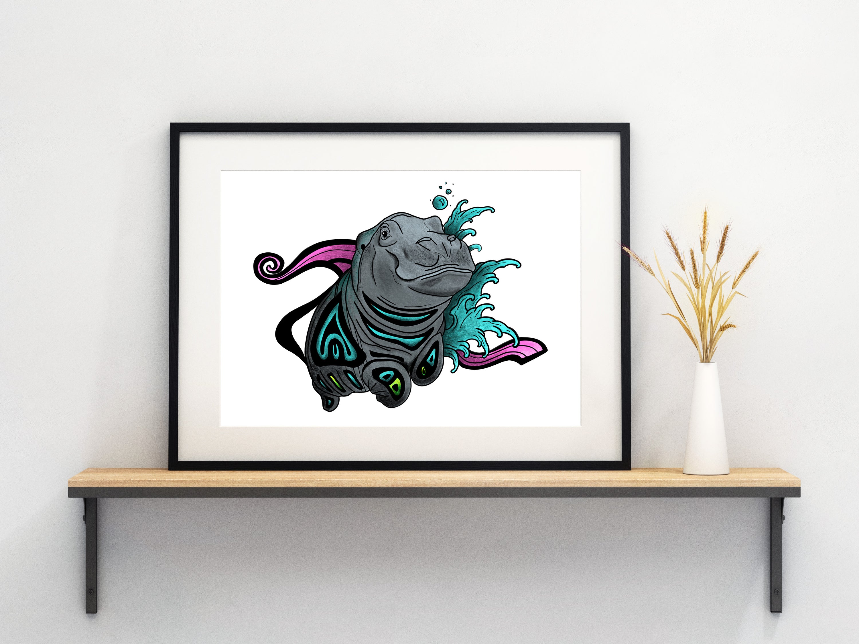 Hippo Print - Hamlet, 2021, a vibrant art piece on matte paper, hand-signed and dated, showcasing beautiful colors and contrast.