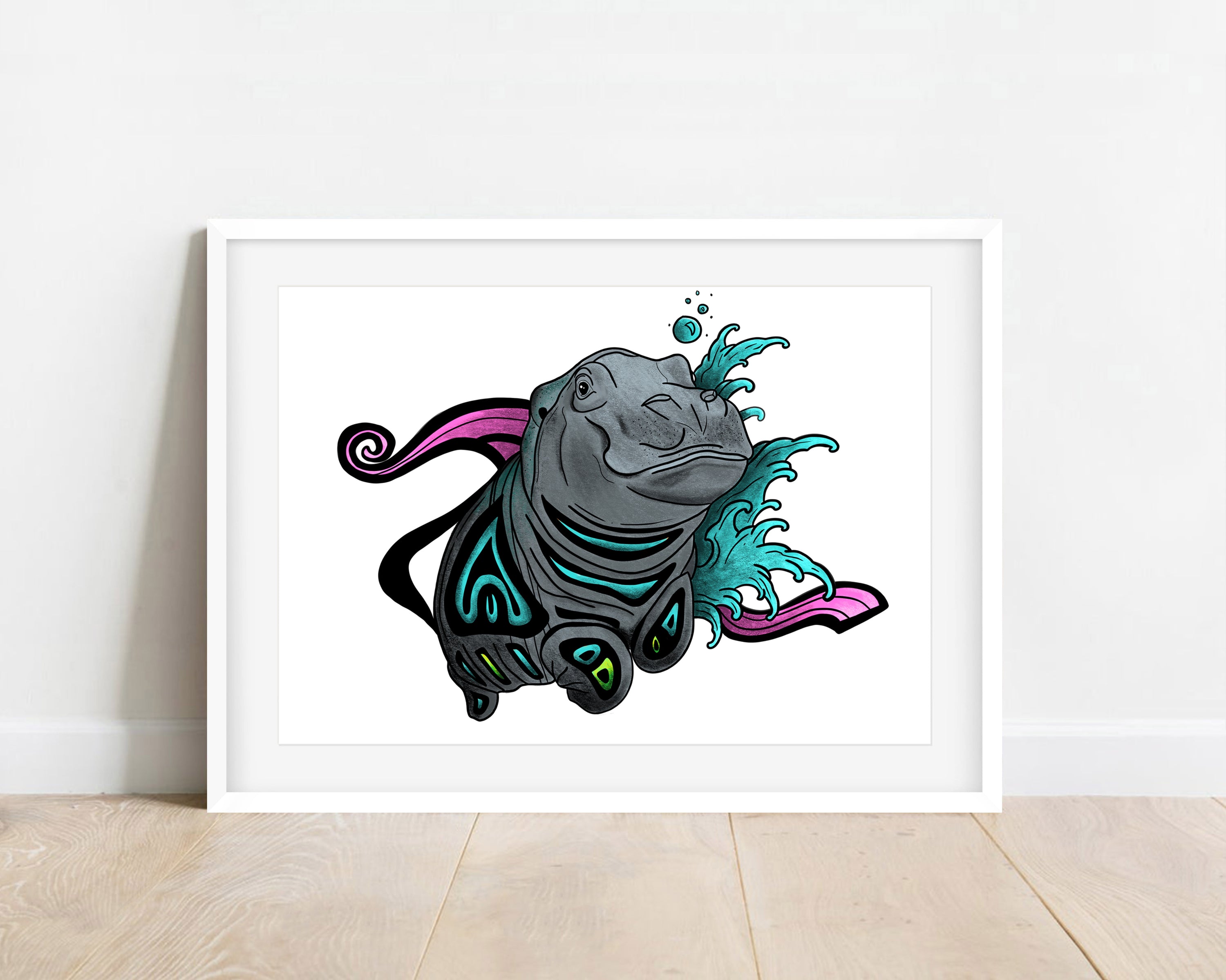 Hippo Print - Hamlet, 2021, a vibrant art piece on matte paper, hand-signed and dated, showcasing beautiful colors and contrast.