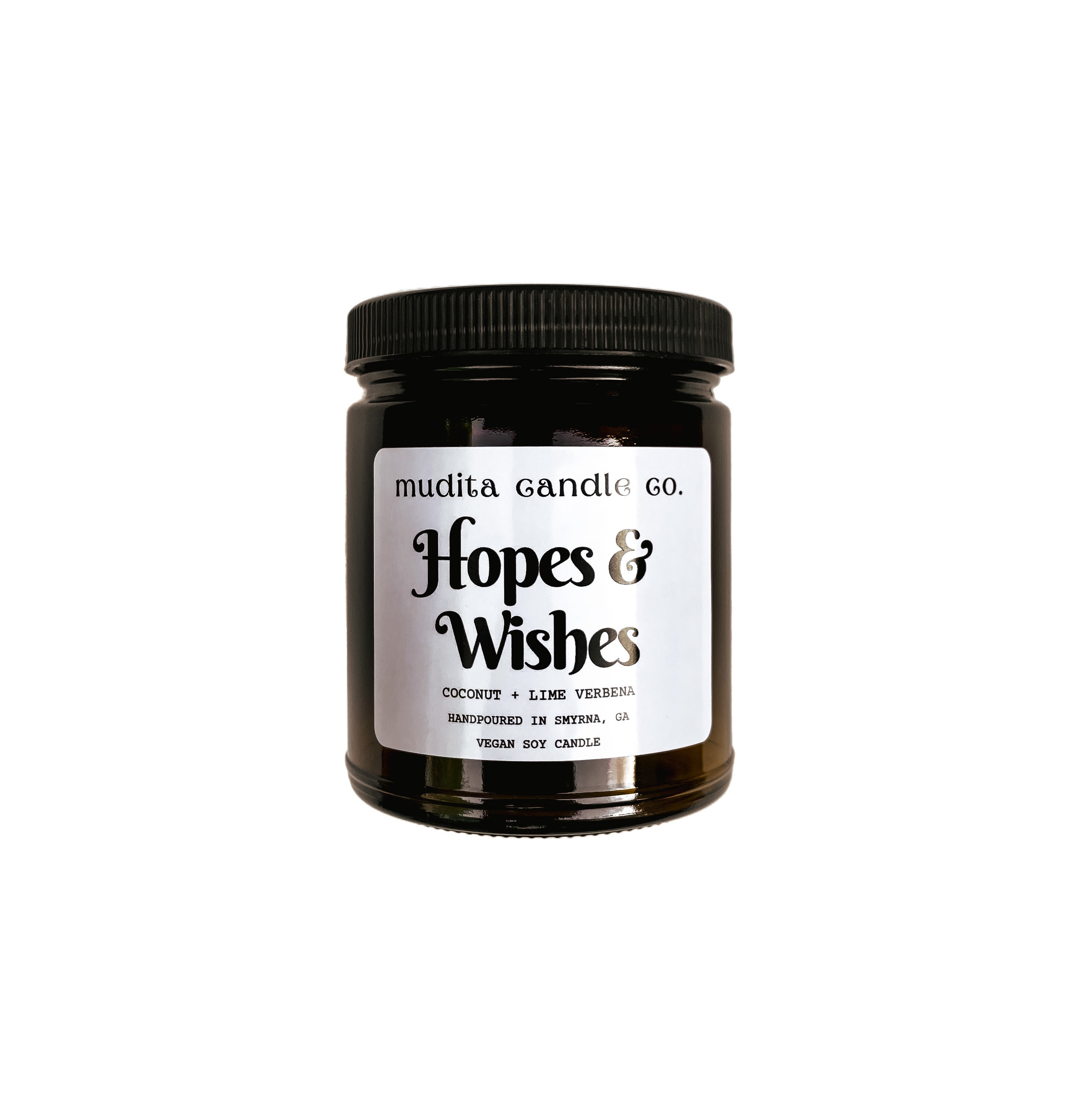 Hopes & Wishes 9oz Candle in amber glass jar with black lid, featuring tropical coconut and lime scent.