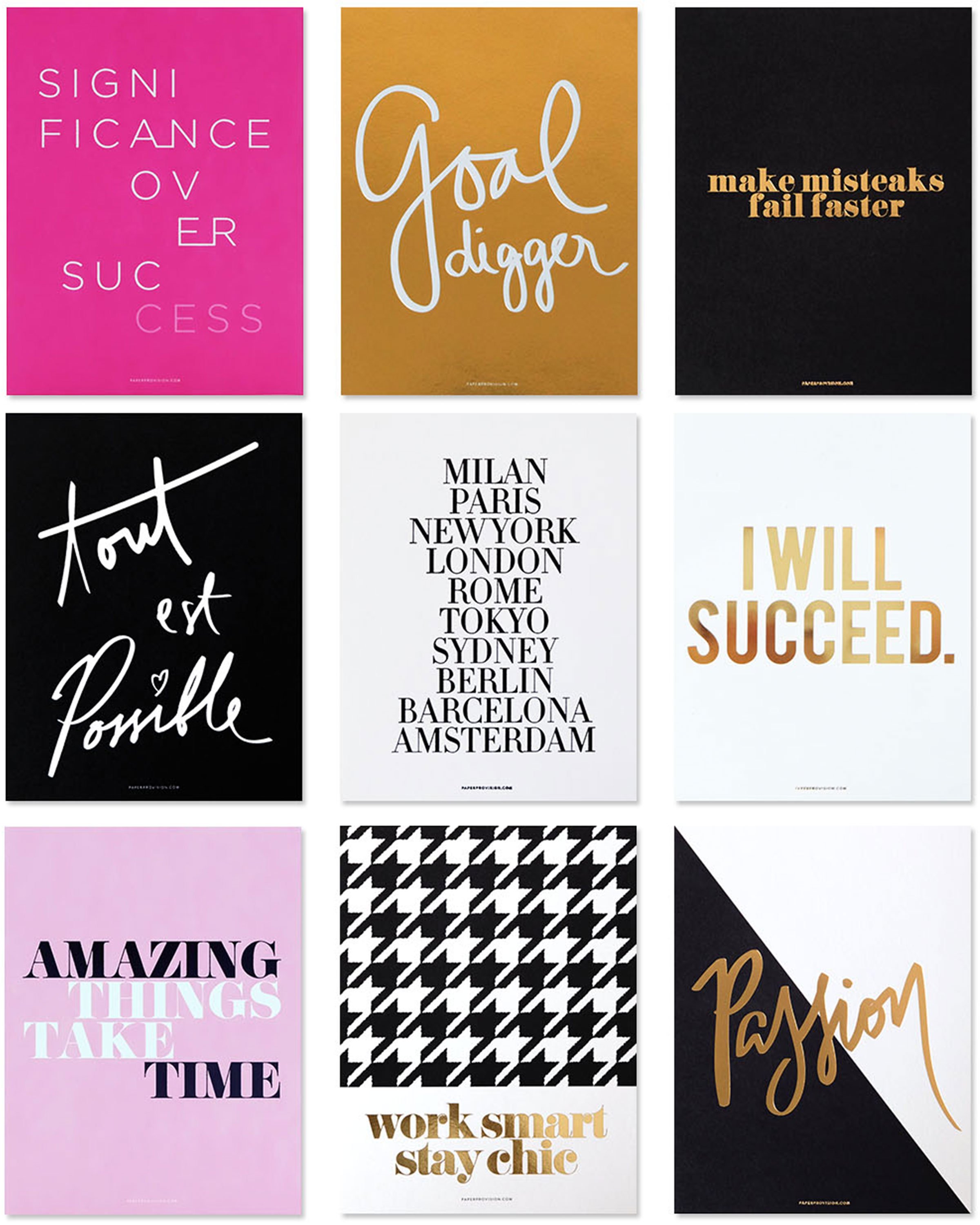 A collection of 9 Hustler Pin-Ups mini prints featuring motivational messages and gold foil accents, perfect for desktop decor.