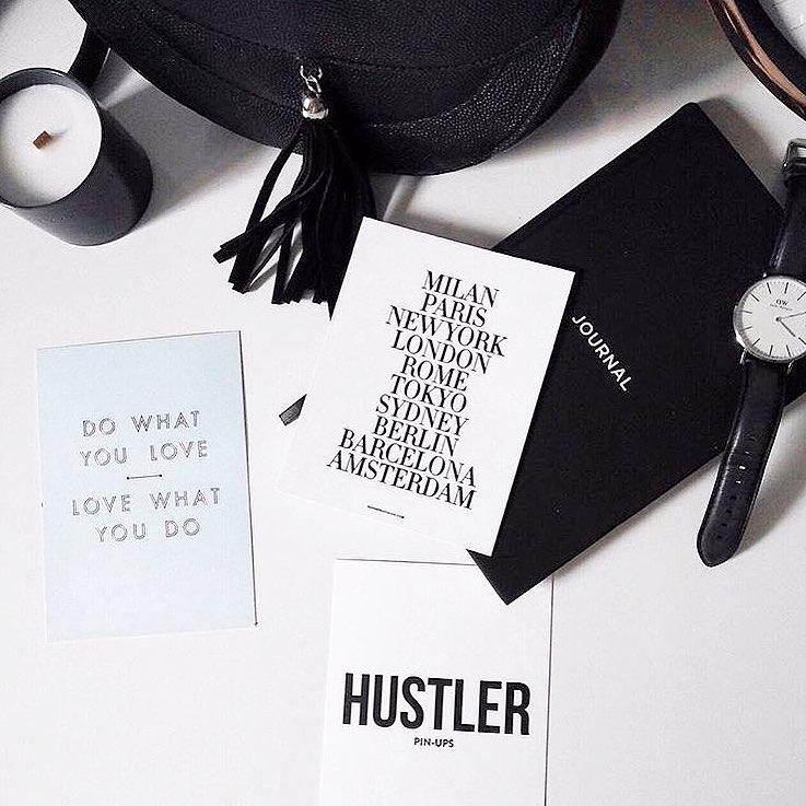 A collection of 9 Hustler Pin-Ups mini prints featuring motivational messages and gold foil accents, perfect for desktop decor.