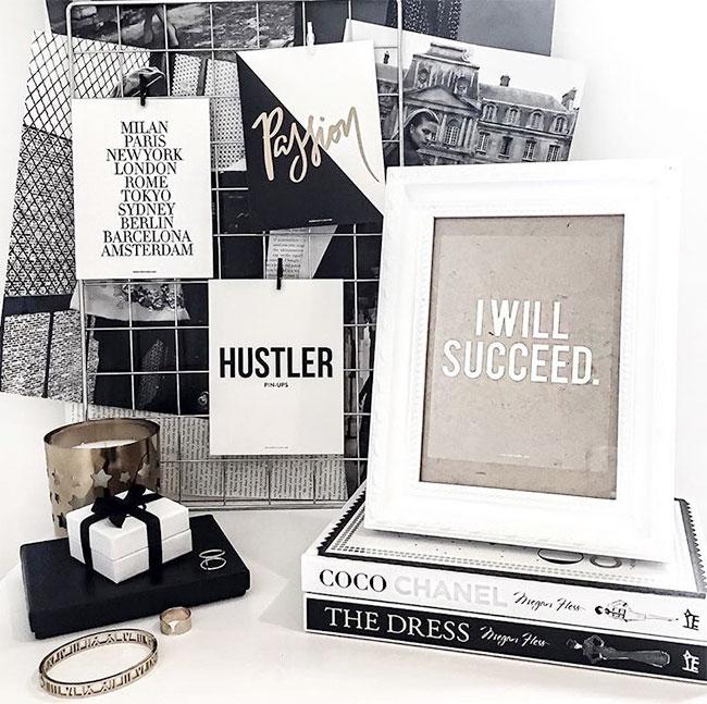 A collection of 9 Hustler Pin-Ups mini prints featuring motivational messages and gold foil accents, perfect for desktop decor.