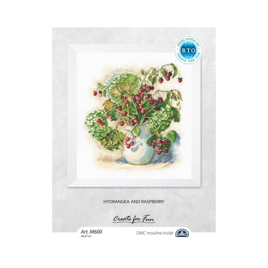 Hydrangea and raspberry counted cross stitch kit with Aida fabric, DMC threads, and needle, showcasing vibrant colors and detailed design.