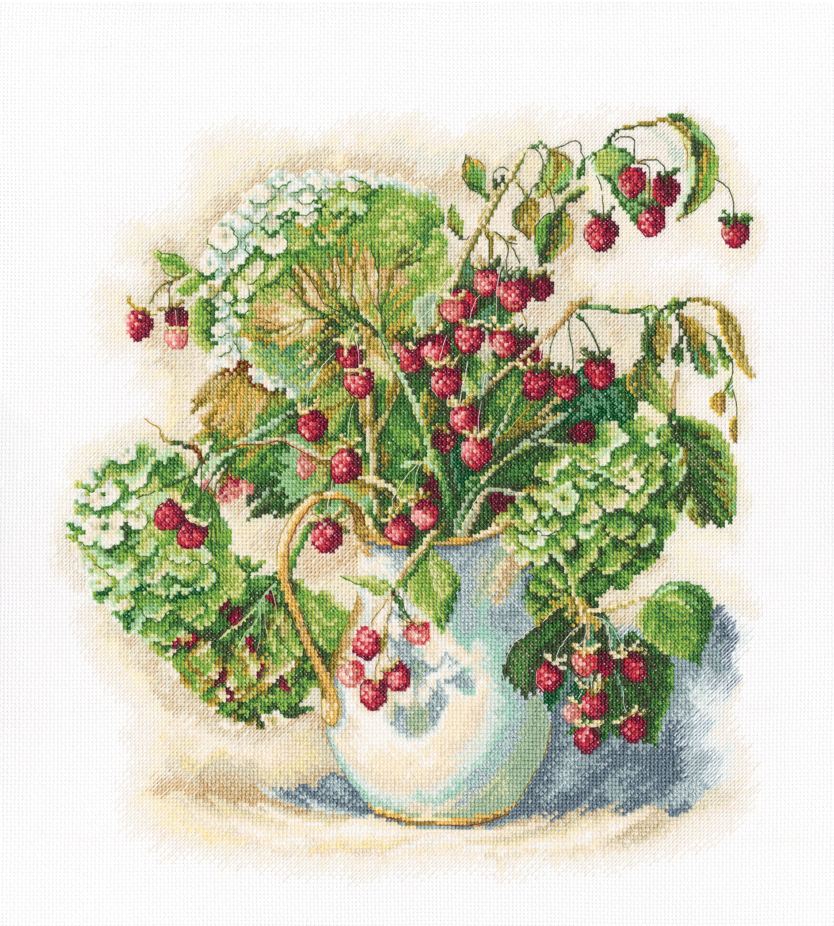 Hydrangea and raspberry counted cross stitch kit with Aida fabric, DMC threads, and needle, showcasing vibrant colors and detailed design.