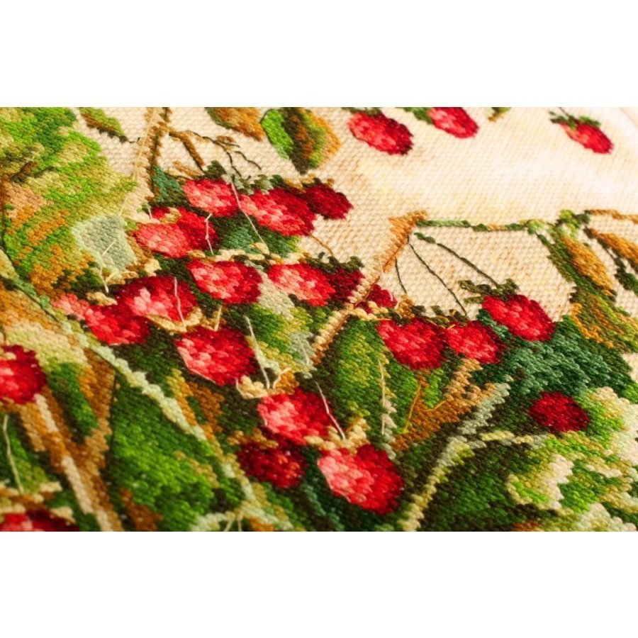 Hydrangea and raspberry counted cross stitch kit with Aida fabric, DMC threads, and needle, showcasing vibrant colors and detailed design.