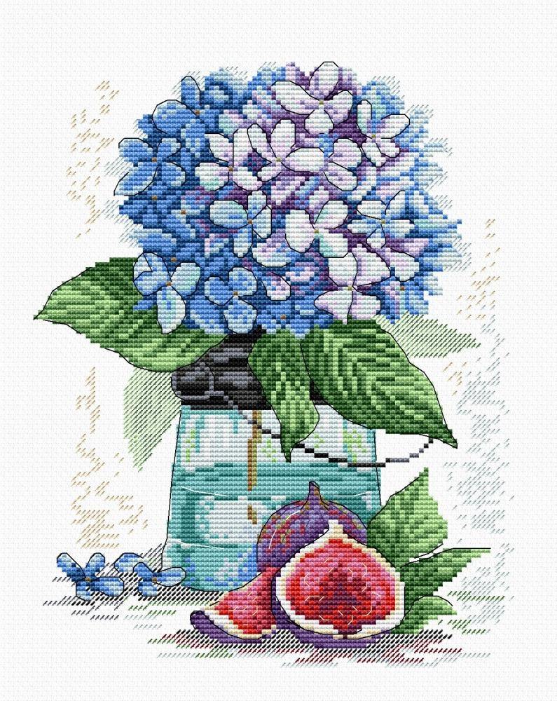 Hydrangea SM-138 Counted Cross Stitch Kit featuring AIDA canvas, colorful threads, and a needle for stitching.