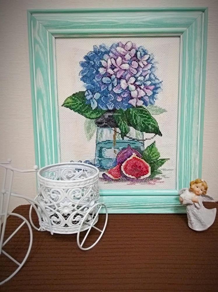 Hydrangea SM-138 Counted Cross Stitch Kit featuring AIDA canvas, colorful threads, and a needle for stitching.