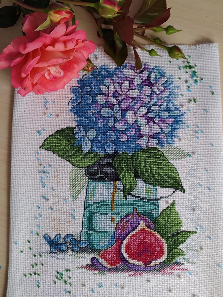 Hydrangea SM-138 Counted Cross Stitch Kit featuring AIDA canvas, colorful threads, and a needle for stitching.