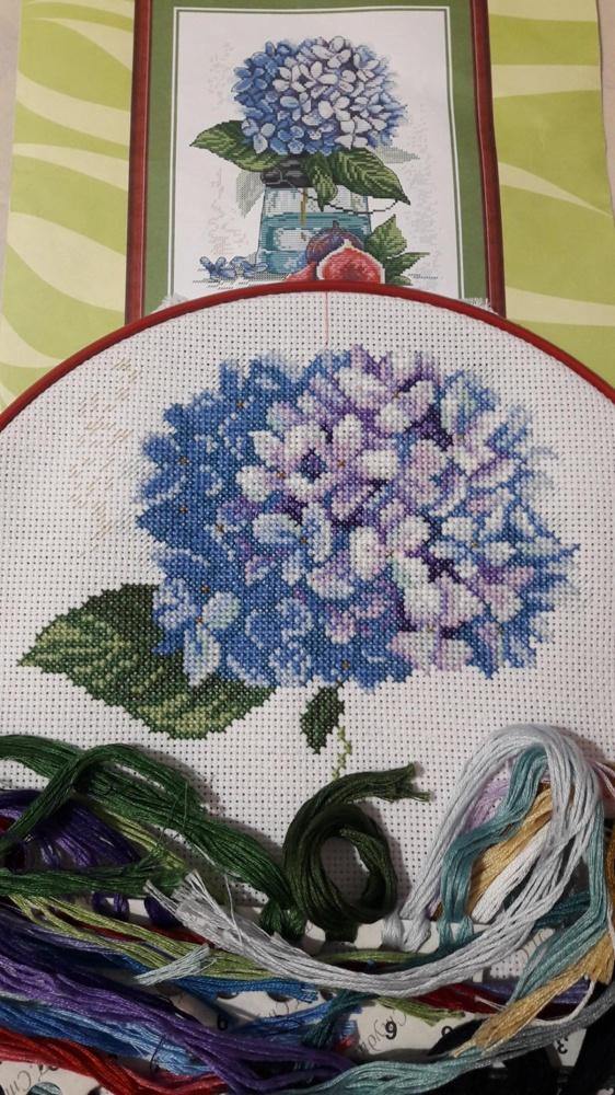 Hydrangea SM-138 Counted Cross Stitch Kit featuring AIDA canvas, colorful threads, and a needle for stitching.