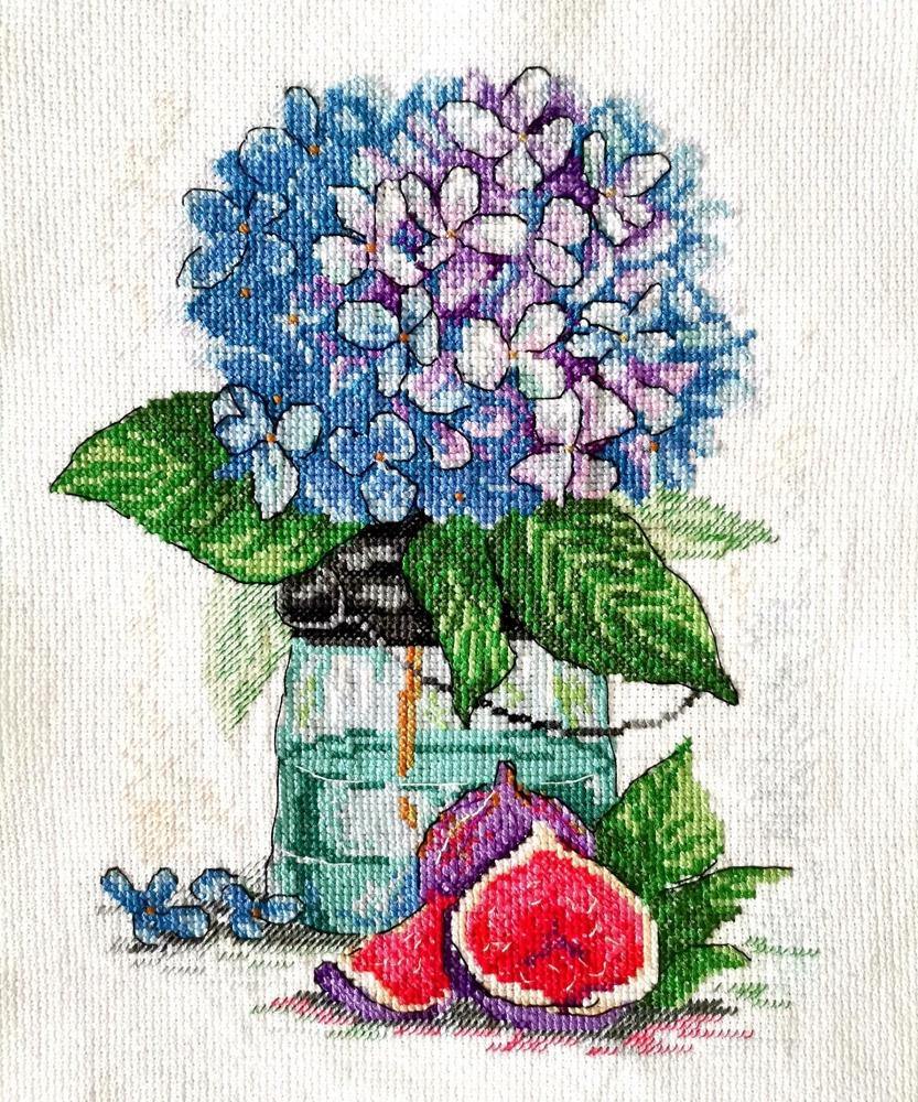 Hydrangea SM-138 Counted Cross Stitch Kit featuring AIDA canvas, colorful threads, and a needle for stitching.