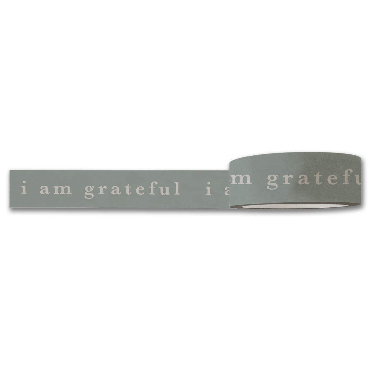 I Am Grateful Washi Tape in sage green, showcasing its elegant design and packaging.