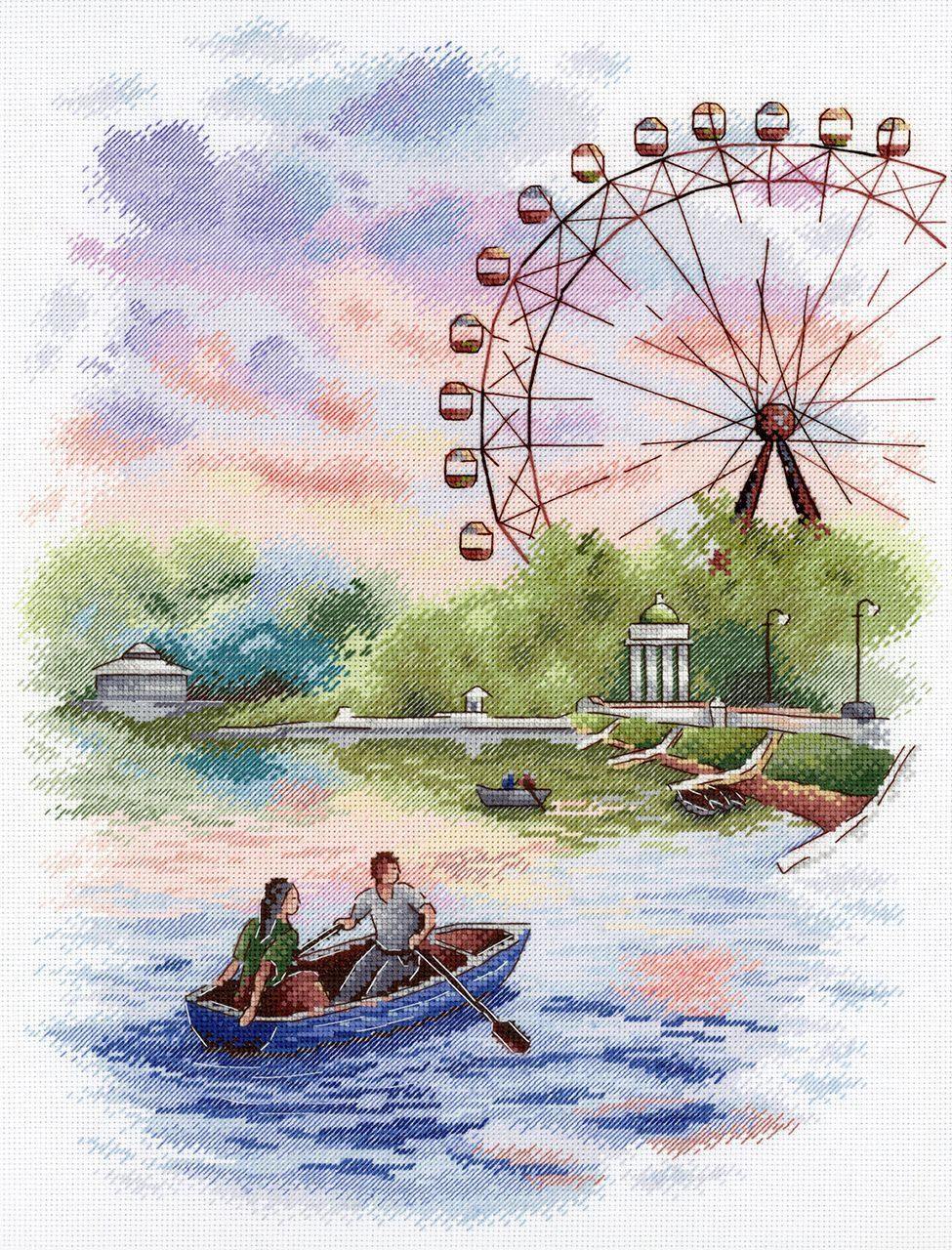 In the Park SNV-748 Counted Cross Stitch Kit featuring Aida canvas, colorful threads, and needle, designed by Anzhelika Ivanova.