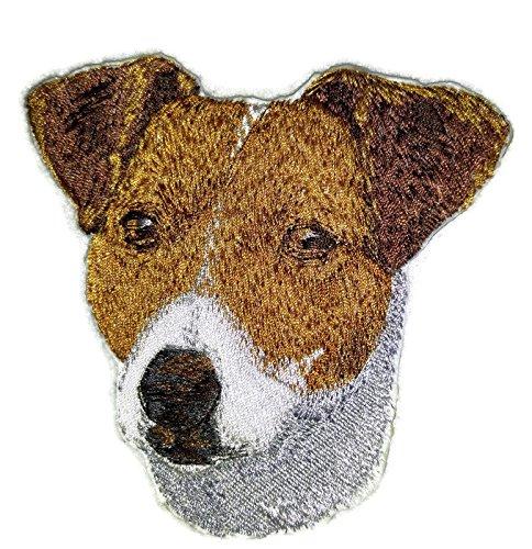 Jack Russell dog face embroidery patch, 4 inches by 4 inches, showcasing intricate stitching and vibrant colors.