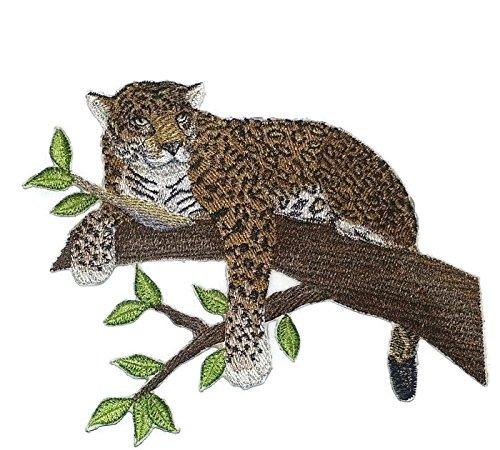 Jaguar On Tree Portrait embroidered patch showcasing vibrant colors and intricate design, measuring 7.5 inches by 5 inches.