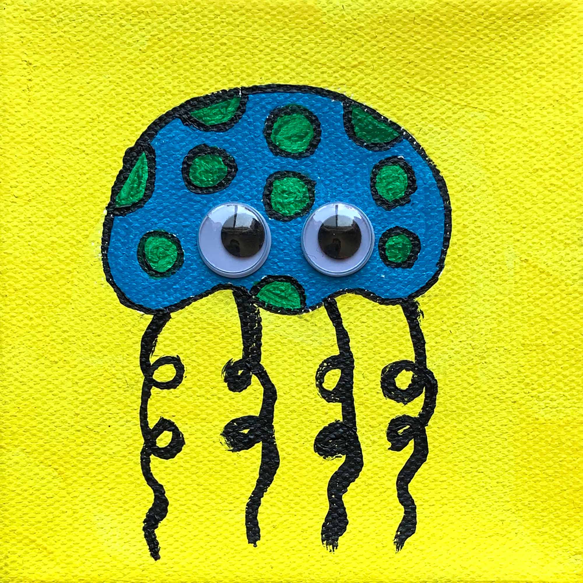 Original acrylic painting of a blue jellyfish on a bright yellow background, measuring 4 inches by 4 inches.