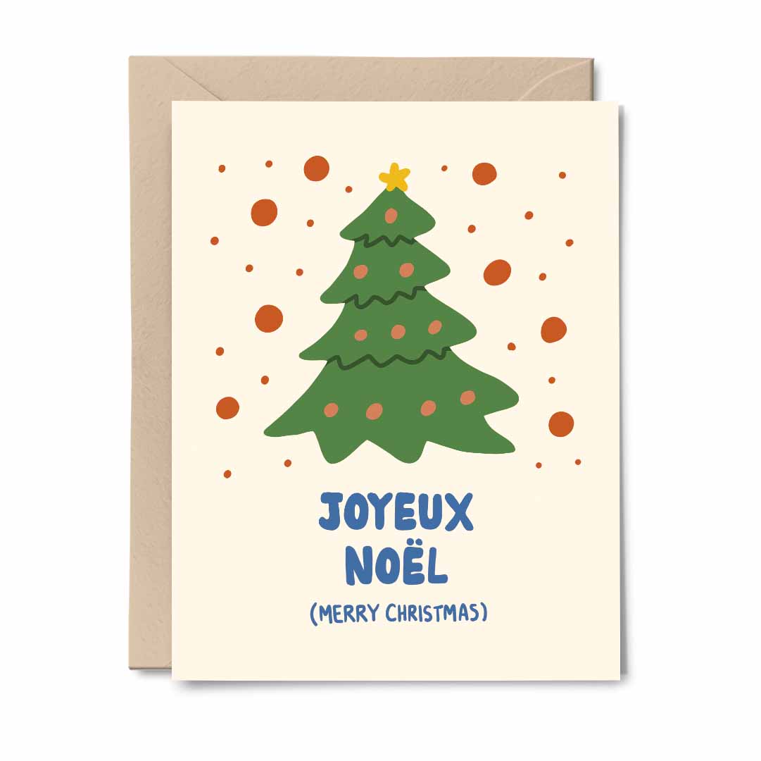 Joyeux Noël - Merry Christmas greeting card featuring a Christmas tree illustration, with bilingual text in French and English.