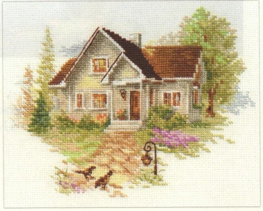 July House 3-20 Counted Cross-Stitch Kit featuring white Aida fabric, colorful threads, and an embroidery needle.