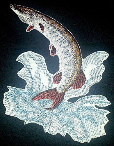 Jumping Muskie embroidered patch, featuring a detailed fish design, suitable for iron-on or sew-on application.