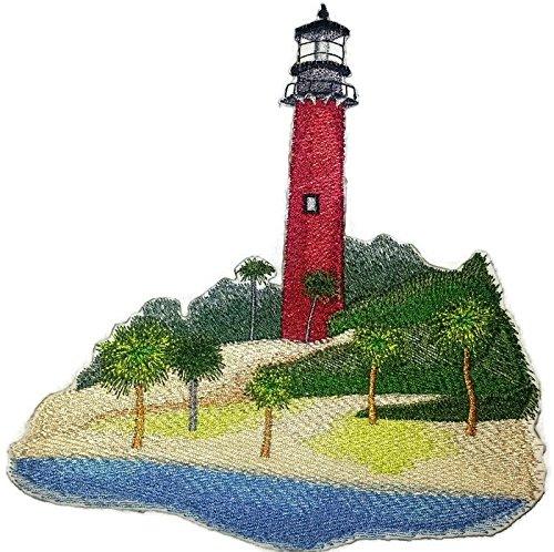 Jupiter Inlet Lighthouse embroidered patch, featuring vibrant colors and intricate stitching, measuring 5.9 inches by 6 inches.