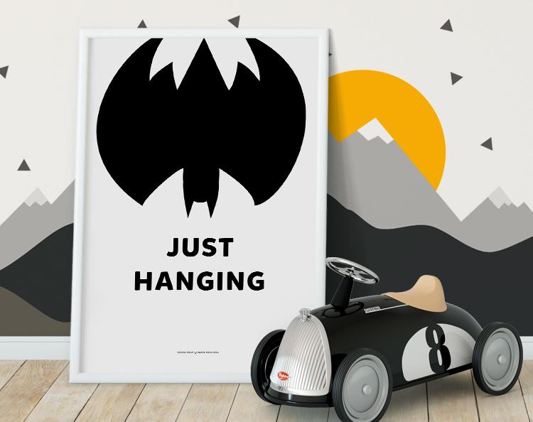 Just Hanging print featuring vibrant colors and charming design, perfect for children's rooms and nursery decor.