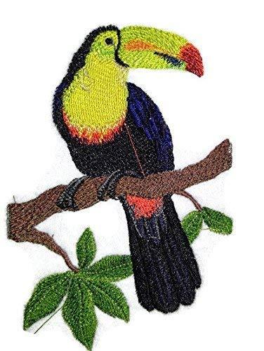 Keel Billed Toucan embroidered patch showcasing vibrant colors and intricate details, measuring 5.25 inches by 4 inches.