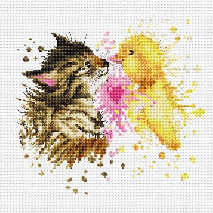 A counted cross-stitch kit featuring a cute kitten and yellow duckling design, perfect for Valentine's Day.