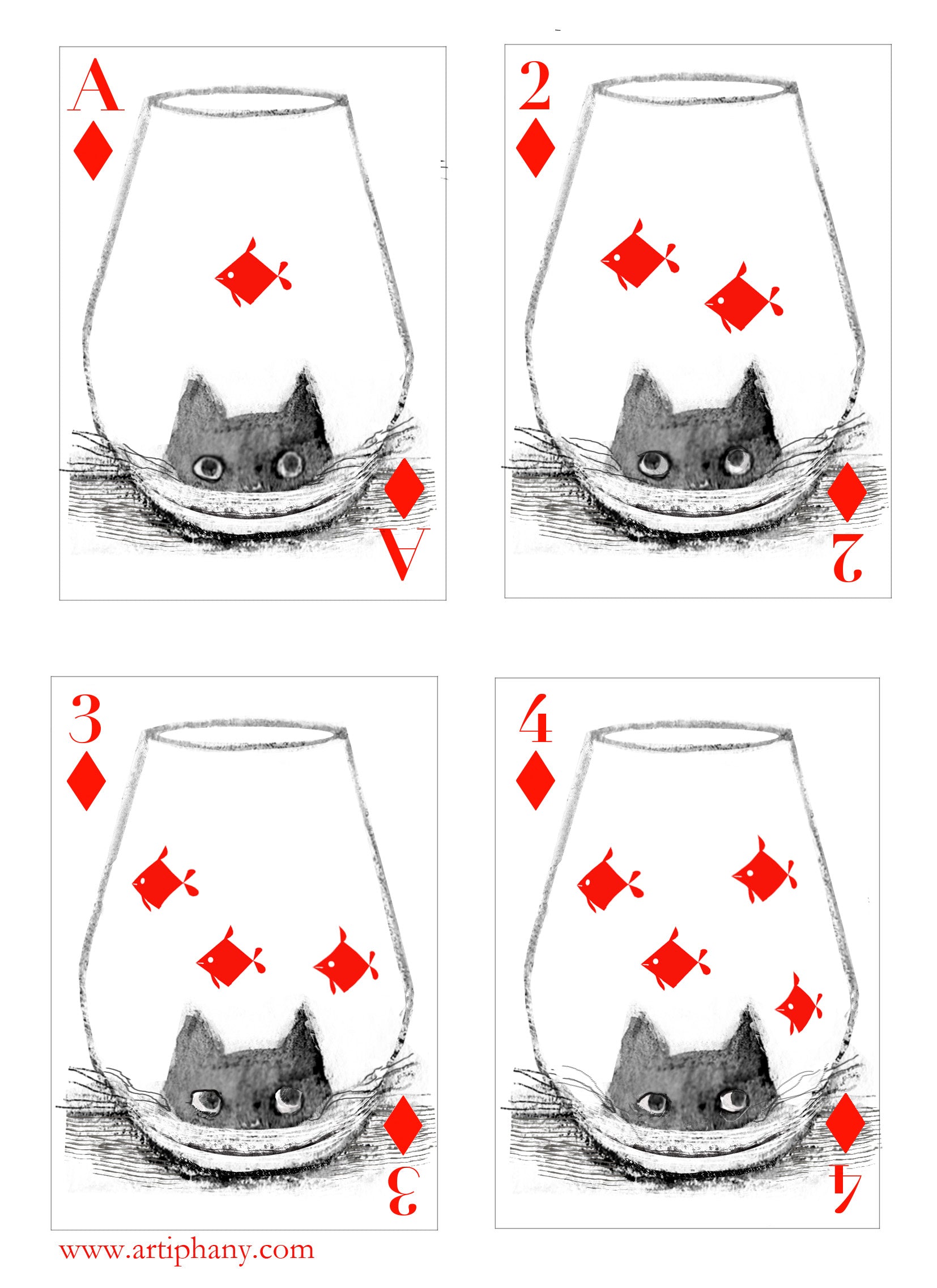 Four playing cards with fishbowl cat.