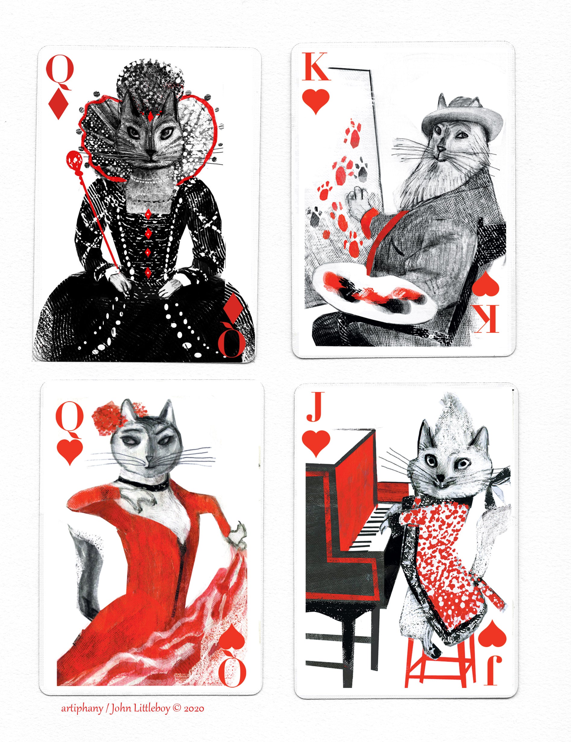 Playing cards with artistic cat characters.