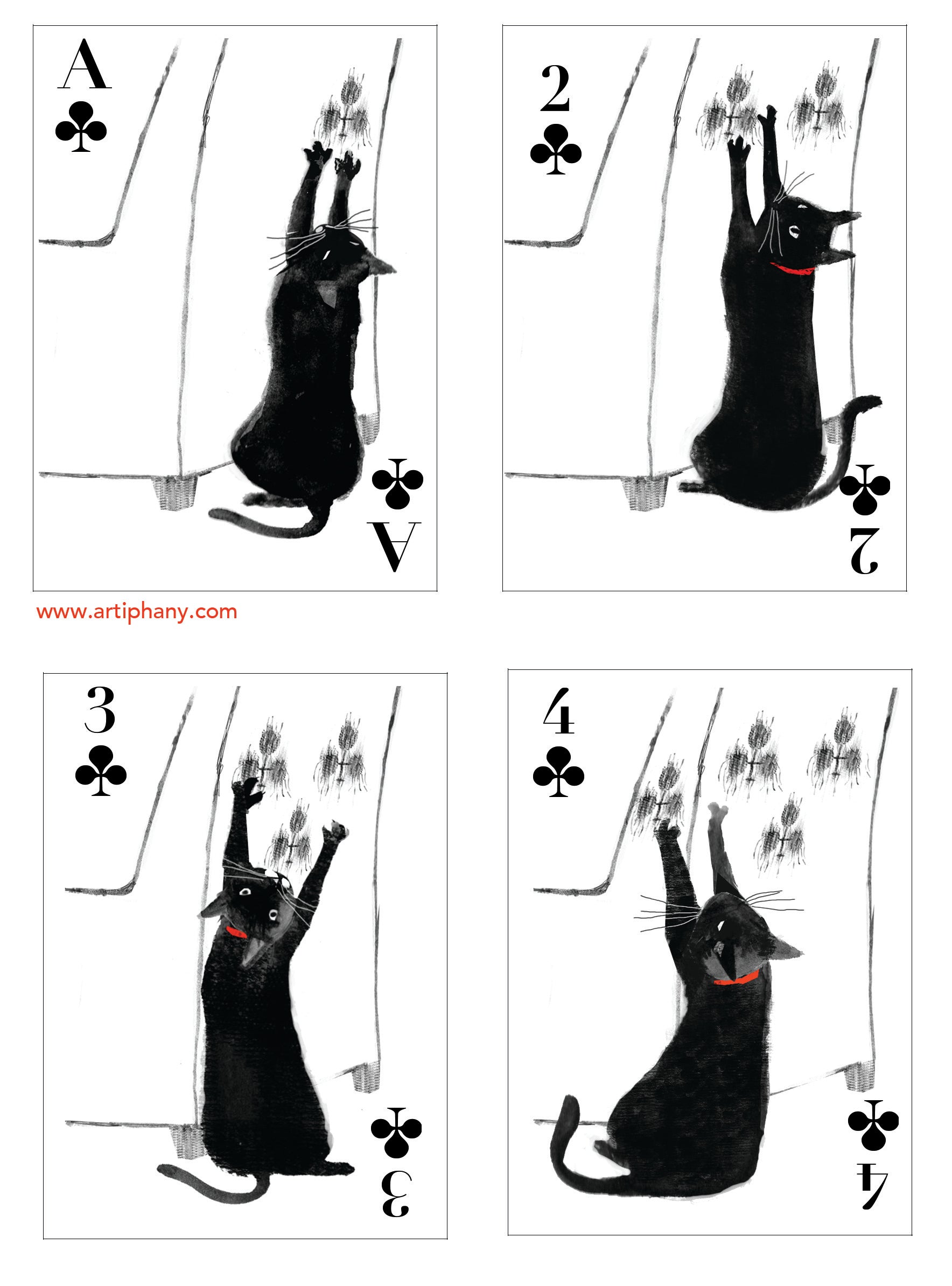 Black cat illustrations on cards.