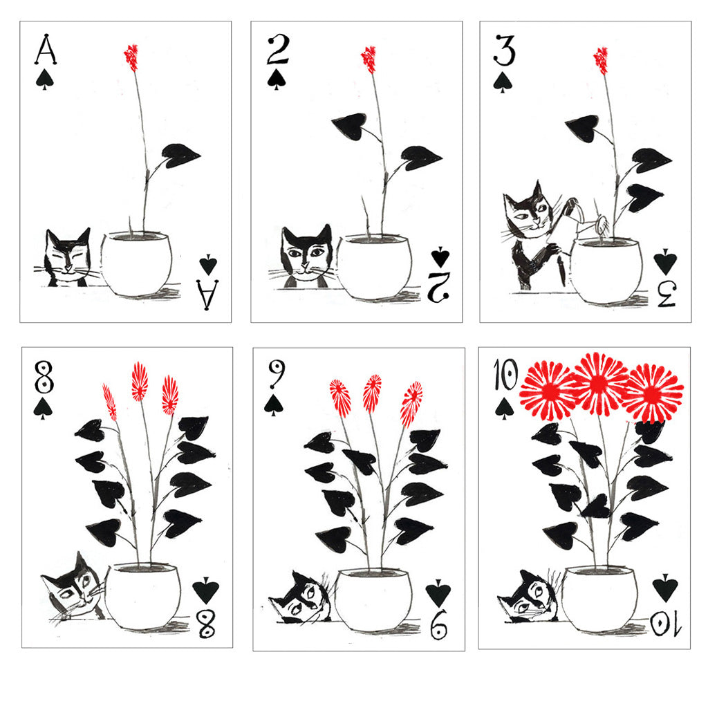 Cats and flowers on playing cards.