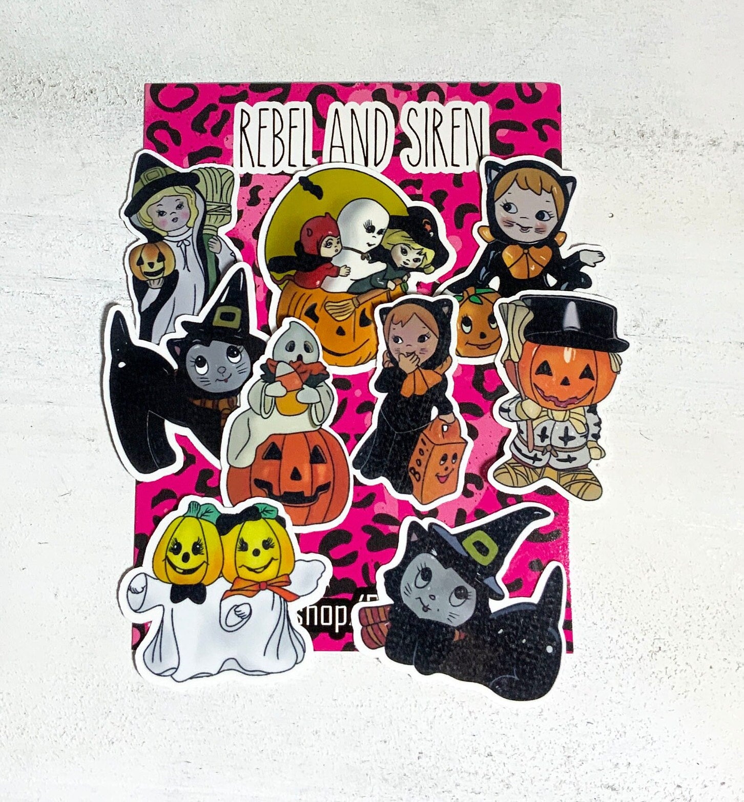 A colorful assortment of 9 kitsch Halloween stickers featuring spooky designs, printed on high-quality matte vinyl.