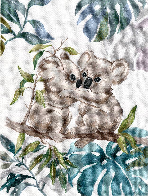 Koalas 1347 Counted Cross Stitch Kit featuring vibrant threads and Zweigart canvas.