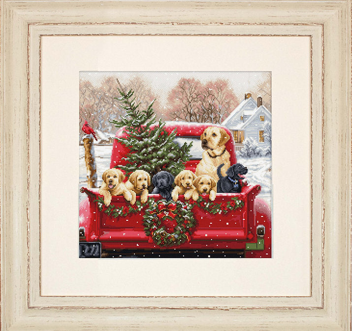 Labs Truck BU5009L Counted Cross-Stitch Kit with colorful threads and Aida canvas.