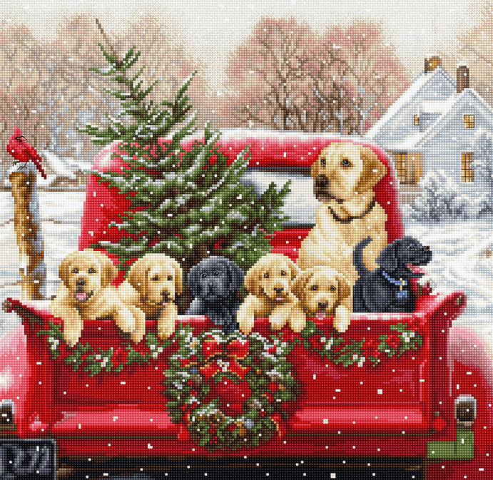 Labs Truck BU5009L Counted Cross-Stitch Kit with colorful threads and Aida canvas.