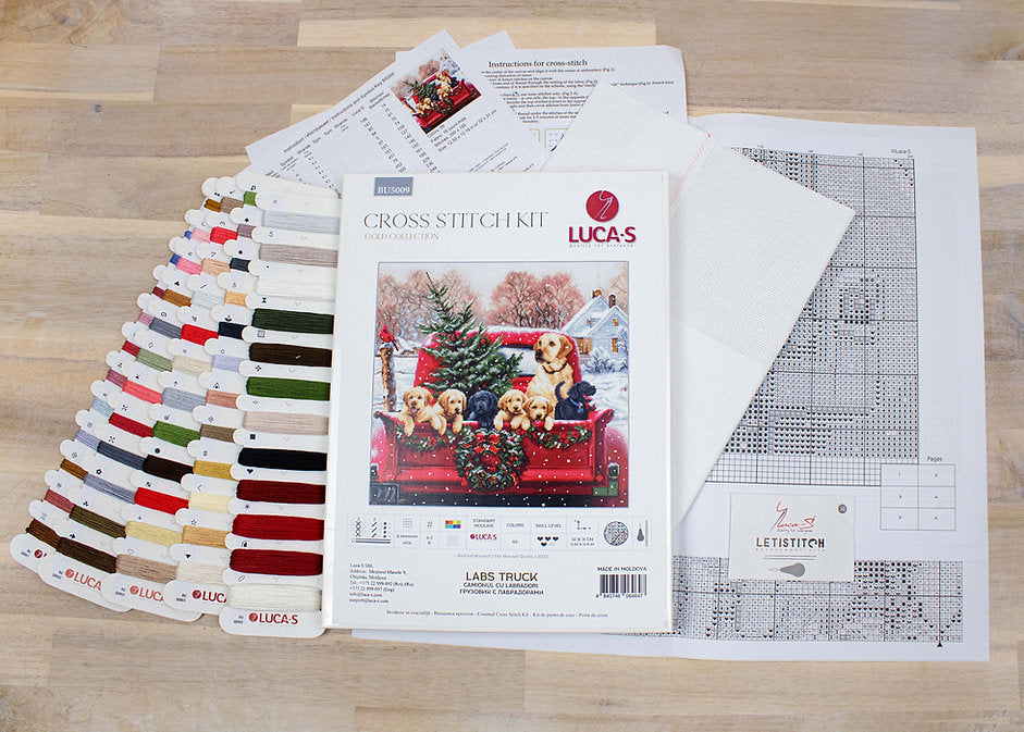 Labs Truck BU5009L Counted Cross-Stitch Kit with colorful threads and Aida canvas.