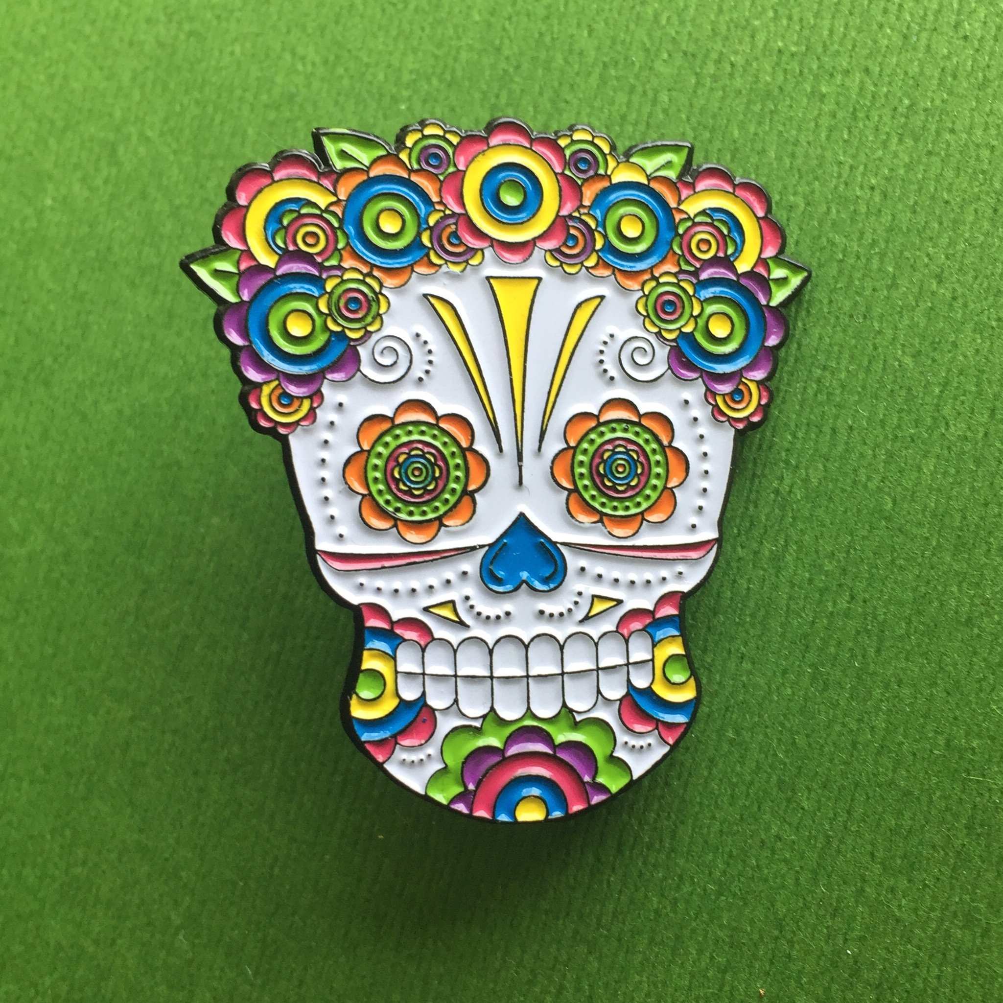 Lady Sugar Skull Soft Enamel Pin featuring vibrant colors and floral headpiece, measuring 1.50 inches.