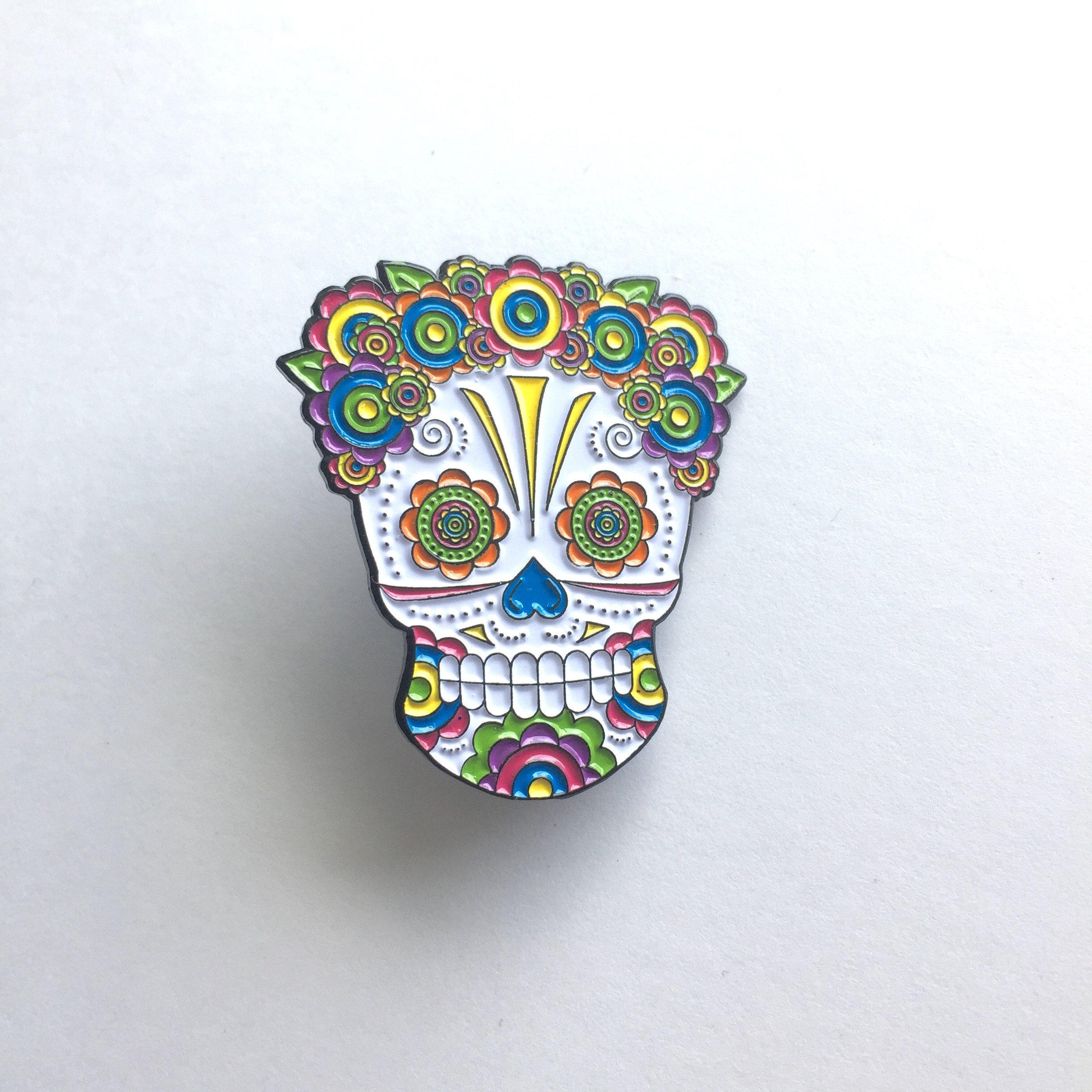 Lady Sugar Skull Soft Enamel Pin featuring vibrant colors and floral headpiece, measuring 1.50 inches.