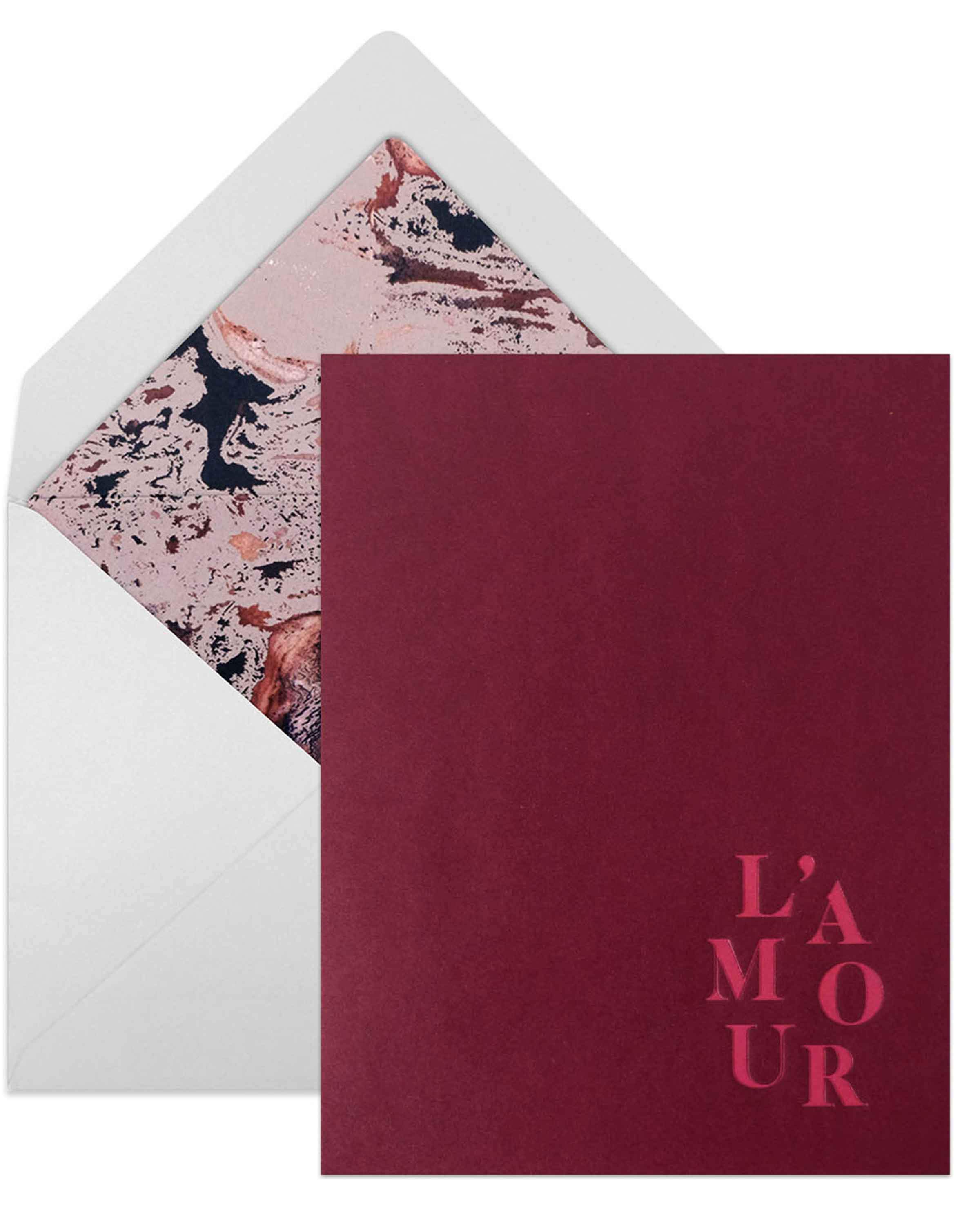 Elegant L'amour card with debossed finish and silver metallic envelope, perfect for heartfelt messages.