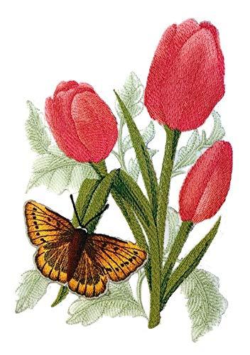 Large Copper Butterfly embroidered patch with tulips, showcasing intricate details and vibrant colors, perfect for iron-on or sewing.