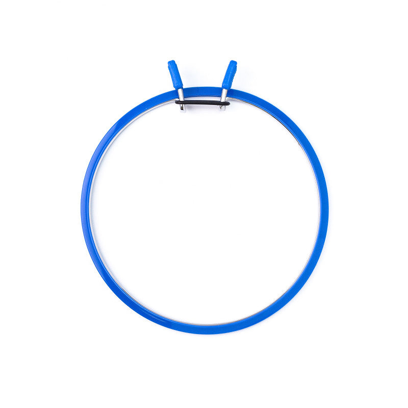 Nurge Large Spring Metal Embroidery Hoop in deep blue, showcasing its two-part design with a plastic ring and flexible metal ring.