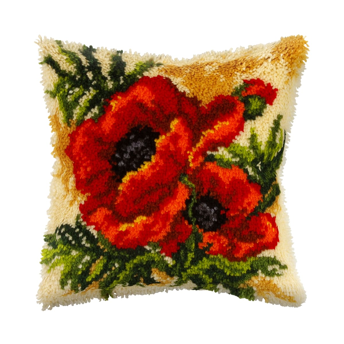 Latch hook cushion kit 'Poppy' featuring printed canvas, colorful yarn, and latch hook tool for crafting a floral design cushion.