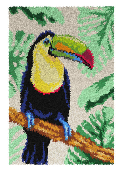 Colorful latch hook rug kit featuring a toucan design with yarn and tools.