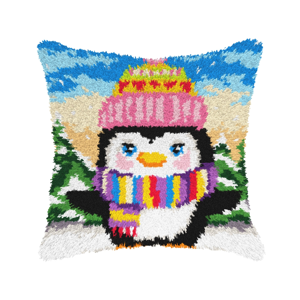 Latch-hook Kit on canvas featuring a cute penguin design, includes yarn and tools for crafting a fluffy cushion.