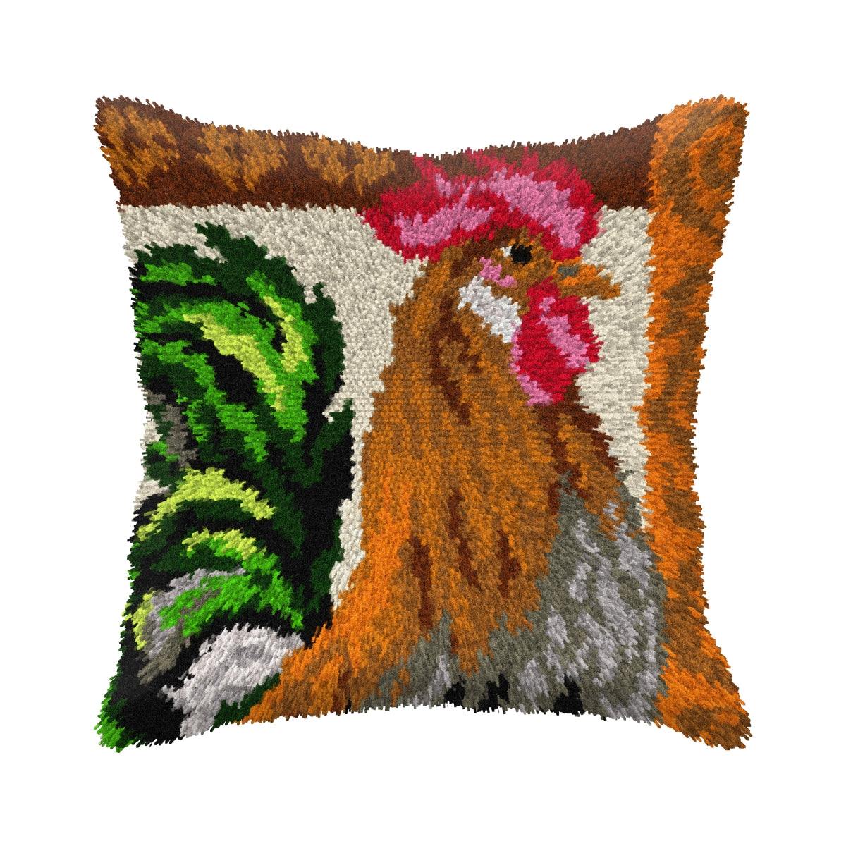 Latch-hook Kit featuring a Rooster design on canvas, including yarn packs and tools for crafting a cushion.