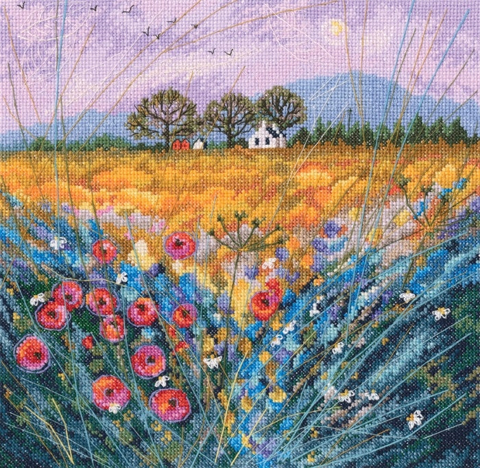 Late Harvest Poppies counted cross stitch kit featuring Aida 14 canvas, DMC threads, and detailed instructions.