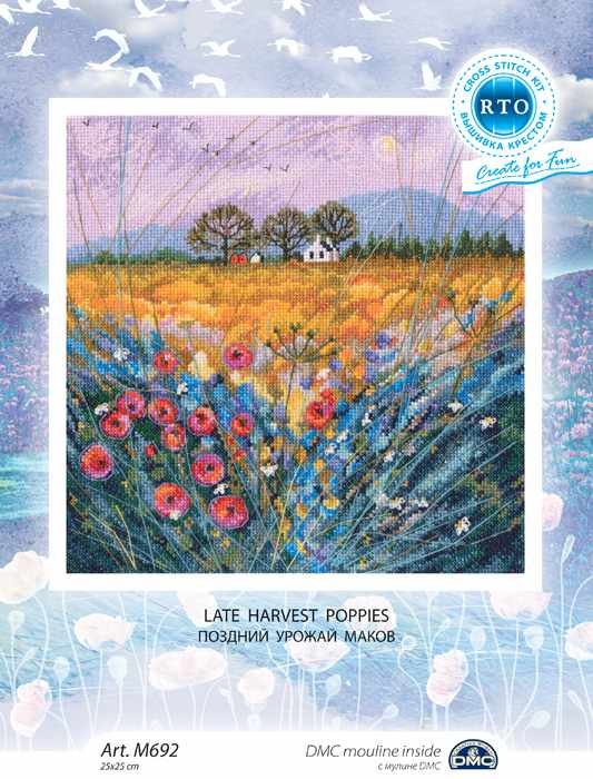 Late Harvest Poppies counted cross stitch kit featuring Aida 14 canvas, DMC threads, and detailed instructions.