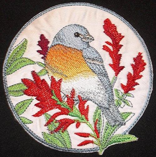 Lazuli Bunting and Indian Paintbrush Circle embroidered patch showcasing vibrant colors and intricate design on a cotton base.