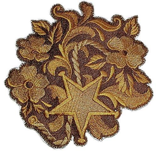 Leather Tooling Star and Flowers embroidered patch, showcasing intricate star and flower designs on a cotton base, ideal for iron-on or sewing applications.