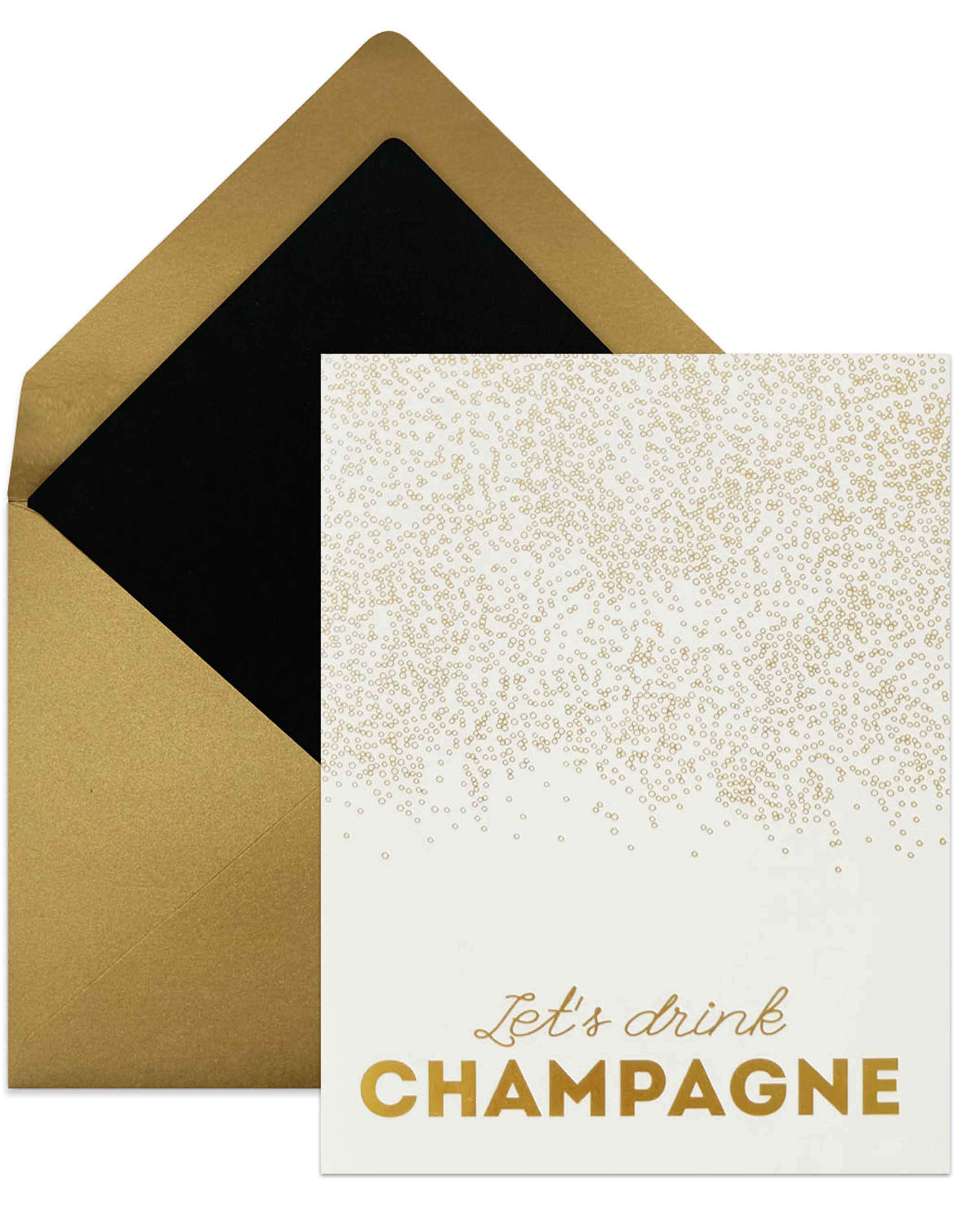 A stylish 'Let's Drink Champagne' greeting card featuring gold foil accents, folded design, and a lined envelope, perfect for various celebrations.