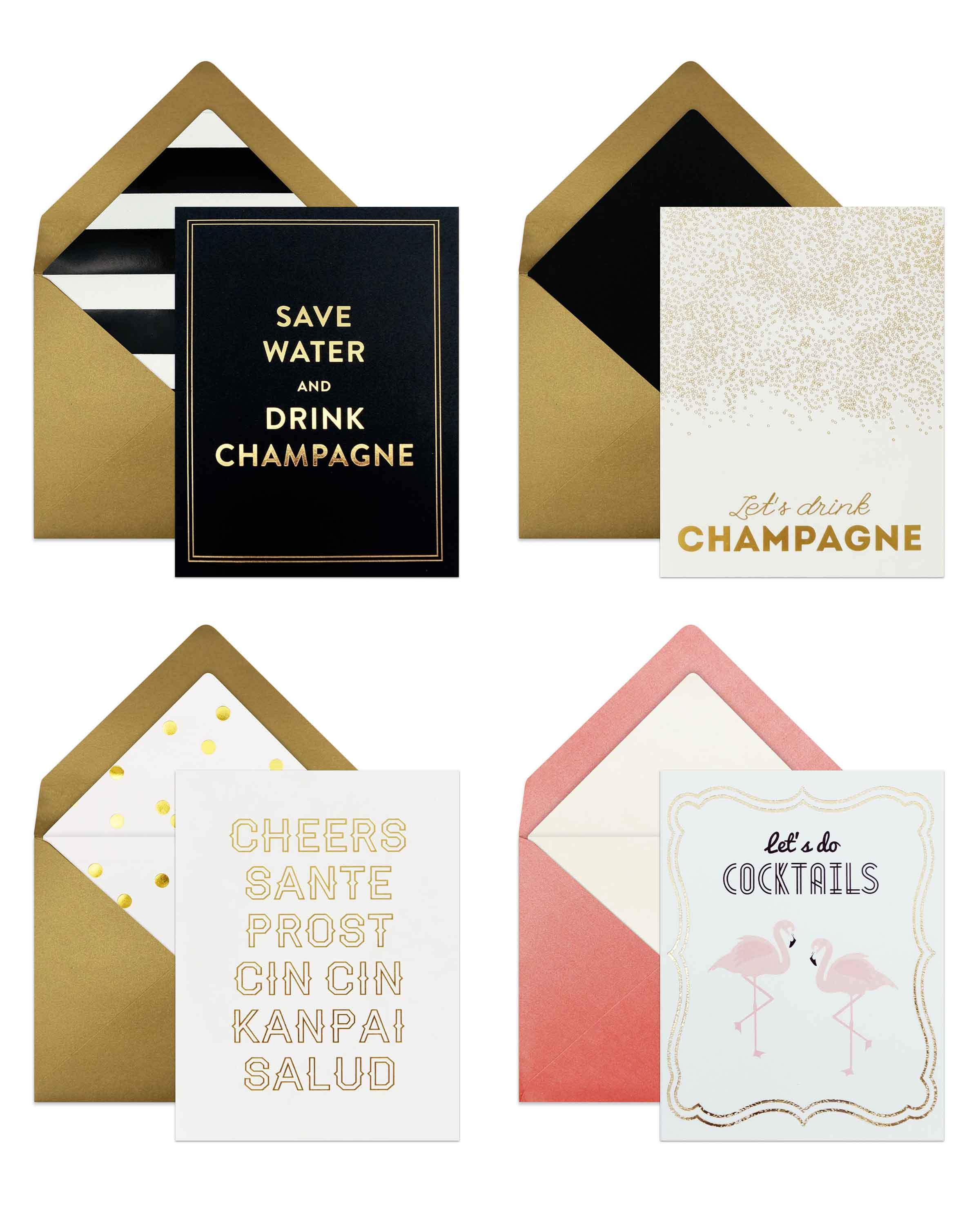 Let's Have Drinks Set featuring four elegant cards with gold foil accents and matching lined envelopes, perfect for celebrations.